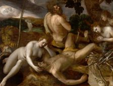 Adam and Eve grieve over the Dead Body of Abel, c1550. Creator: Frans Floris