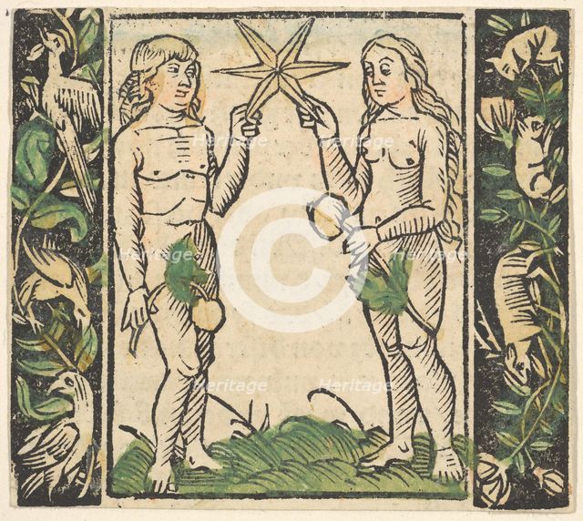Adam and Eve Holding a Star, illustration from Beschlossen Gart des Rosenkranz Mariae. Creator: Hans Baldung.