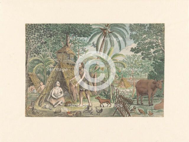 Adam and Eve in a utopian village scene, 1779-1785. Creator: Jan Brandes.