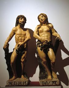 Adam and Eve polychromed stone carving