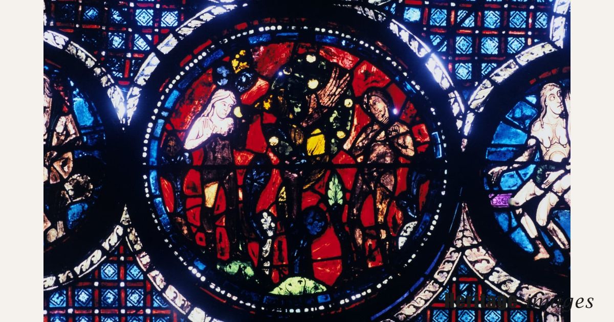 Adam and Eve (The Fall of Man), stained glass, Chartres Cathedral ...