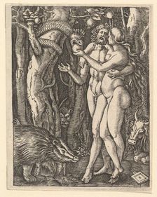 Adam and Eve with apple and serpent, ca. 1500-1534. Creator: Marcantonio Raimondi