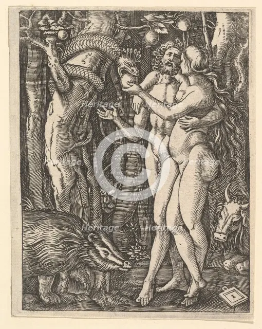 Adam and Eve with apple and serpent, ca. 1500-1534. Creator: Marcantonio Raimondi.