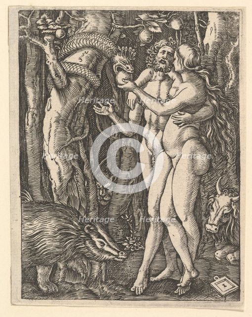 Adam and Eve with apple and serpent, ca. 1500-1534. Creator: Marcantonio Raimondi.