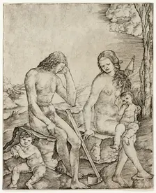 Adam and Eve with Infants Cain and Abel, c.1500. Creator: Cristofano di Michele Martini