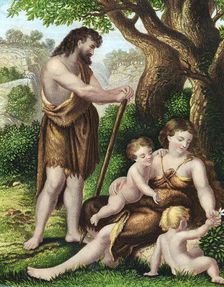 Adam and Eve with their sons, Cain and Abel, resting in the wilderness , c1860