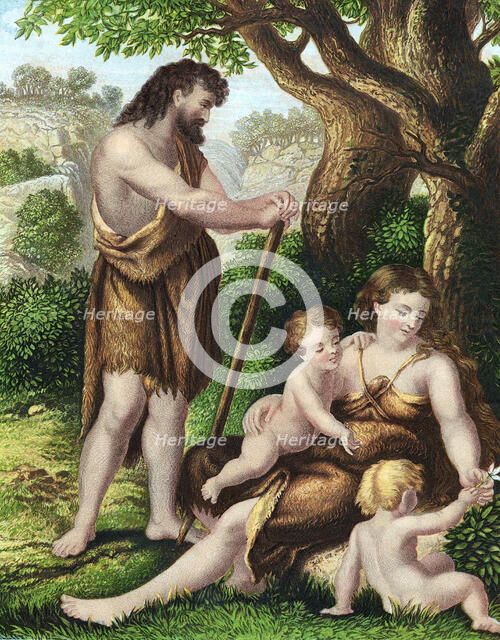 Adam and Eve with their sons, Cain and Abel, resting in the wilderness , c1860. Artist: Unknown