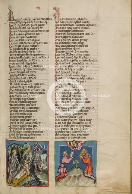 Adam and Eve Working: The Sacrifice of Cain and Abel; Weltchronik, about 1400-1410. Creator: Unknown.