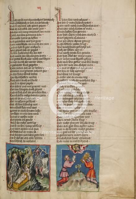 Adam and Eve Working: The Sacrifice of Cain and Abel; Weltchronik, about 1400-1410. Creator: Unknown.