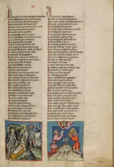 Adam and Eve Working: The Sacrifice of Cain and Abel; Weltchronik, about 1400-1410. Creator: Unknown