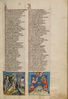 Adam and Eve Working: The Sacrifice of Cain and Abel; Weltchronik, about 1400-1410. Creator: Unknown