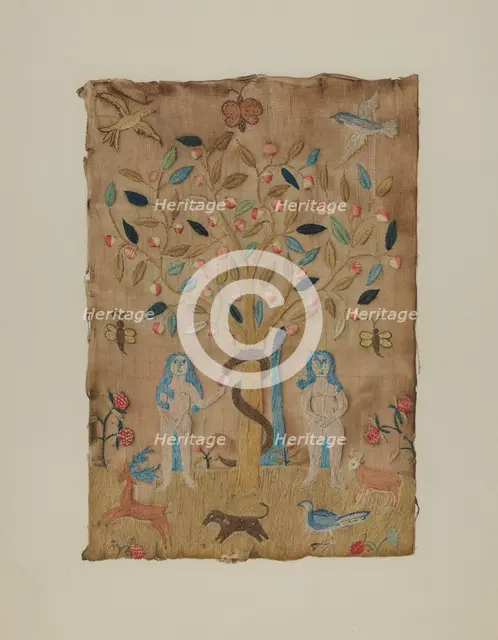 Adam & Eve Embroidered Picture, c. 1938. Creator: Martha Elliot.