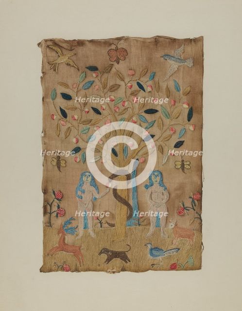 Adam & Eve Embroidered Picture, c. 1938. Creator: Martha Elliot.
