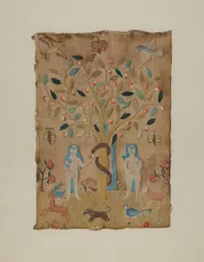 Adam & Eve Embroidered Picture, c. 1938. Creator: Martha Elliot