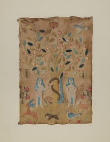 Adam & Eve Embroidered Picture, c. 1938. Creator: Martha Elliot
