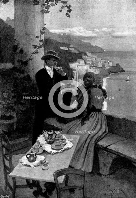 Adam Johnstone's Son: Johnstone sat down upon the wall, while Clare leaned over it, 1895. Creator: George Meisenbach.