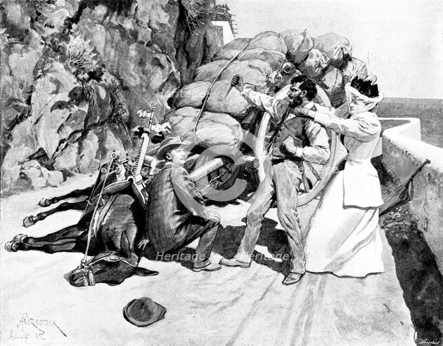 Adam Johnstone's Son: She...threw her arms round the drunken man's neck...and dragged him..., 1895. Creator: George Meisenbach.