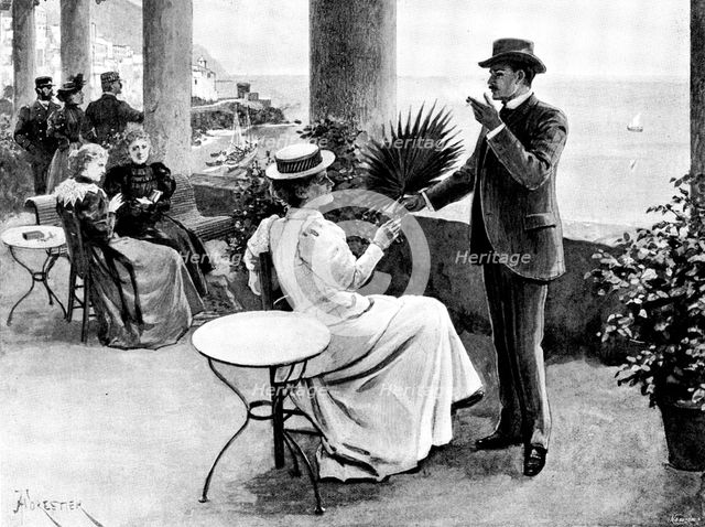 Adam Johnstone's Son: "Thank you - dear," she said as he gave her the fan, 1895. Creator: George Meisenbach.