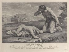 Adam kneels in grief beside the body of Abel, while Cain flees in the background, ca. ..., ca. 1729. Creator: Frédéric Horthemels