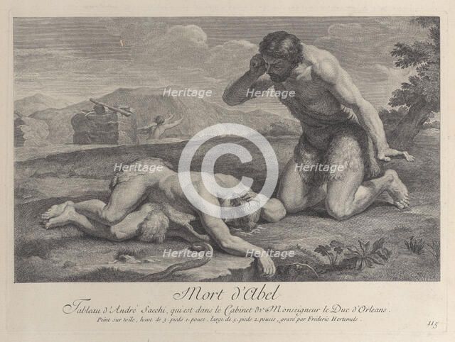 Adam kneels in grief beside the body of Abel, while Cain flees in the background, ca. ..., ca. 1729. Creator: Frédéric Horthemels.
