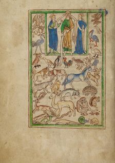 Adam Naming the Animals; Northumberland Bestiary, about 1250-1260. Creator: Unknown