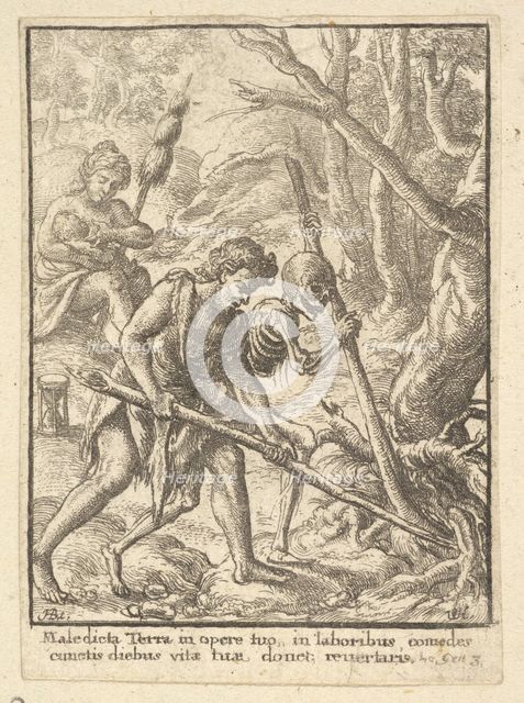 Adam Ploughing from the Dance of Death, 1651. Creator: Wenceslaus Hollar.