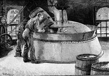Adding hops to boiling beer in an American brewery, 1885
