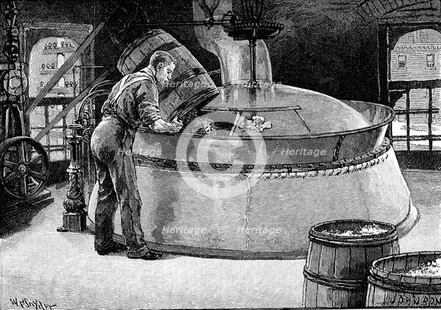 Adding hops to boiling beer in an American brewery, 1885 Artist: Unknown