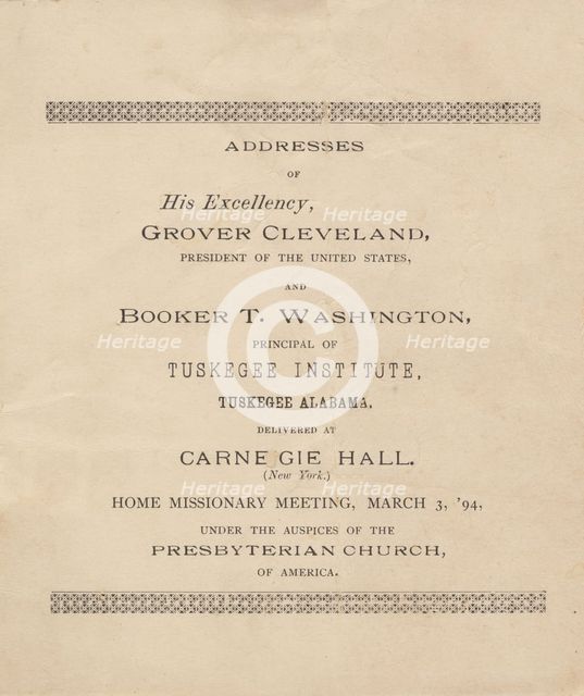 Addresses of His Excellency, Grover Cleveland and Booker T. Washington, title page, 1894. Creator: Unknown.