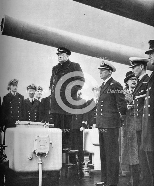 'Addressing the Crew of H.M.S. Exeter on their return from the sinking of the Graf Spee at the b Artist: Unknown.