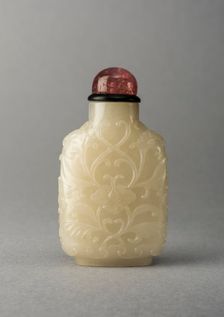 ade snuff bottle with carving of foliage, China, Qing dynasty, 1644-1911. Creator: Unknown