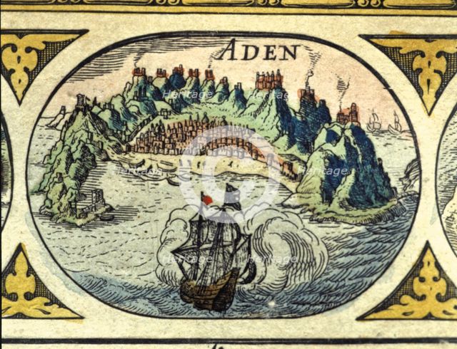 Aden, colored engraving from the book 'Le Theatre du monde' or 'Nouvel Atlas', 1645, created, pri…