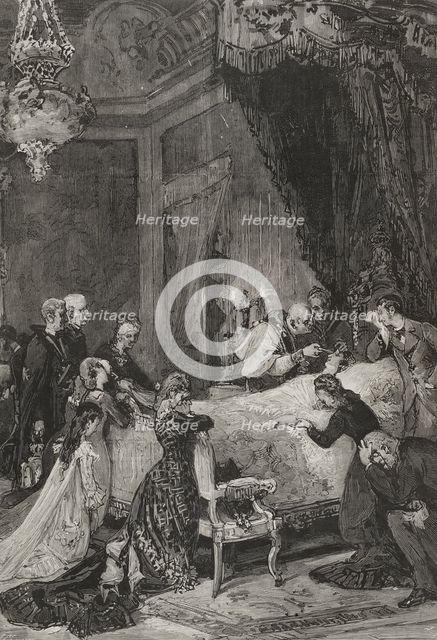 Administering the sacrament of the extreme unction to María de las Mercedes of Orleans, 1878.  Creator: Arturo Carretero y Sánchez.
