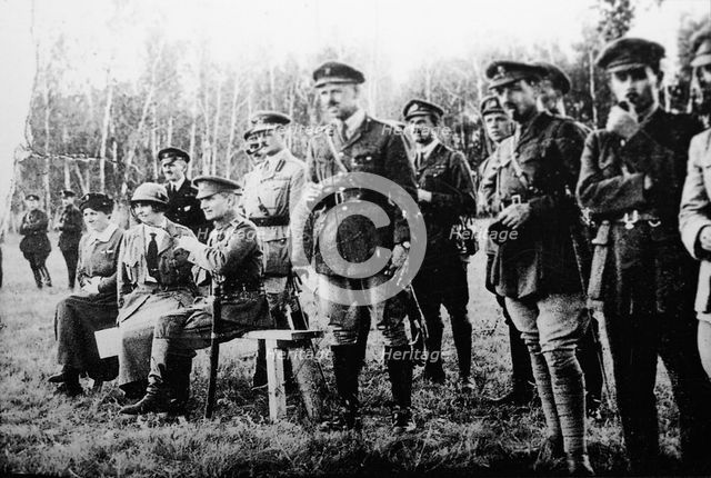 Admiral Alexander Kolchak (sitting) with British officers on the Eastern Front, Russia, 1918. Artist: Anon