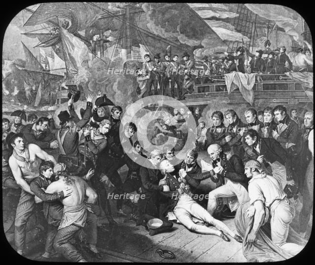 Admiral Lord Nelson wounded at the Battle of Trafalgar, 1805. Artist: Newton & Co
