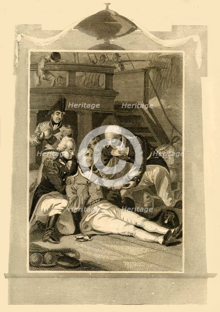 'Admiral Lord Nelson mortallly wounded on the Victory at the Battle of Trafalgar', (1805), 1816. Creator: Unknown.