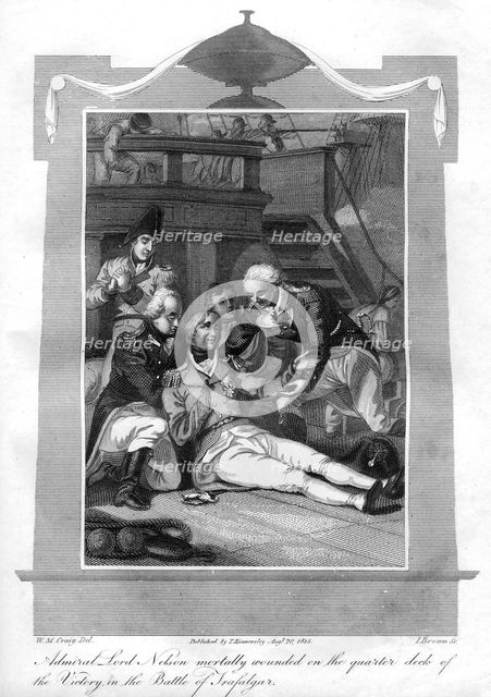 Admiral Nelson lying mortally wounded on the quarter deck of HMS 'Victory', 1816.Artist: I Brown