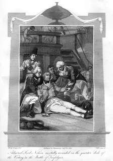 Admiral Nelson lying mortally wounded on the quarter deck of HMS Victory 1816.Artist: I Brown