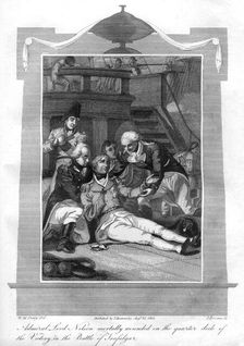 Admiral Nelson lying mortally wounded on the quarter deck of HMS Victory 1816.Artist: I Brown