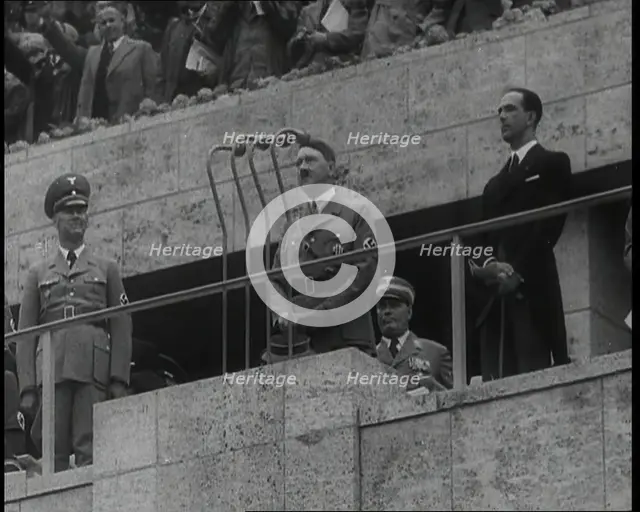 Adolf Hitler Addressing Crowds at the German Olympic Stadium, 1936. Creator: British Pathe Ltd.