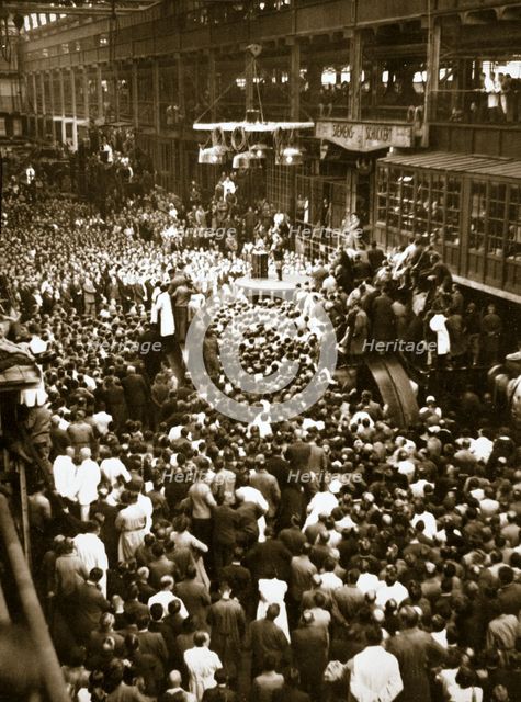 Adolf Hitler addressing a meeting of factory workers, Germany, 1936.  Creator: Unknown.