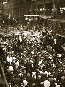 Adolf Hitler addressing a meeting of factory workers, Germany, 1936