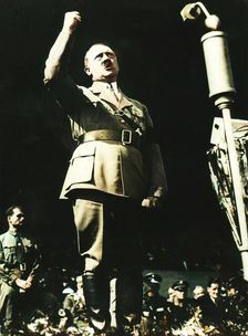 Adolf Hitler addressing a Nazi rally at Nuremberg, Germany, 1930s. Creator: Unknown