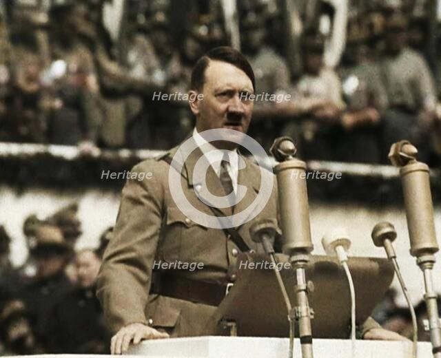 Adolf Hitler Giving a Speech, 1930s. Creator: British Pathe Ltd.