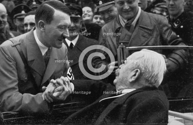 Adolf Hitler greeting General Karl Litzmann on his birthday, 1934. Artist: Unknown