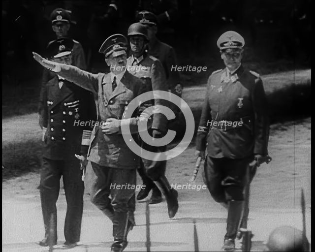 Adolf Hitler Saluting as He, Hermann Goering and Others Arriving at Compiegne to Receive..., 1940. Creator: British Pathe Ltd.
