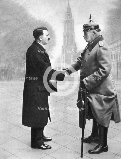 Adolf Hitler shaking hands with President von Hindenburg, Germany, 1933. Artist: Unknown