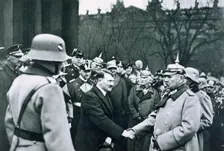 Adolf Hitler shaking hands with President von Hindenburg on the State Day of Honour, 1934. Creator: Unknown