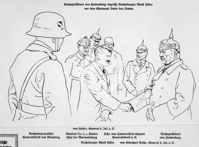 Adolf Hitler shaking hands with President von Hindenburg on the State Day of Honour, 1934. Creator: Unknown.