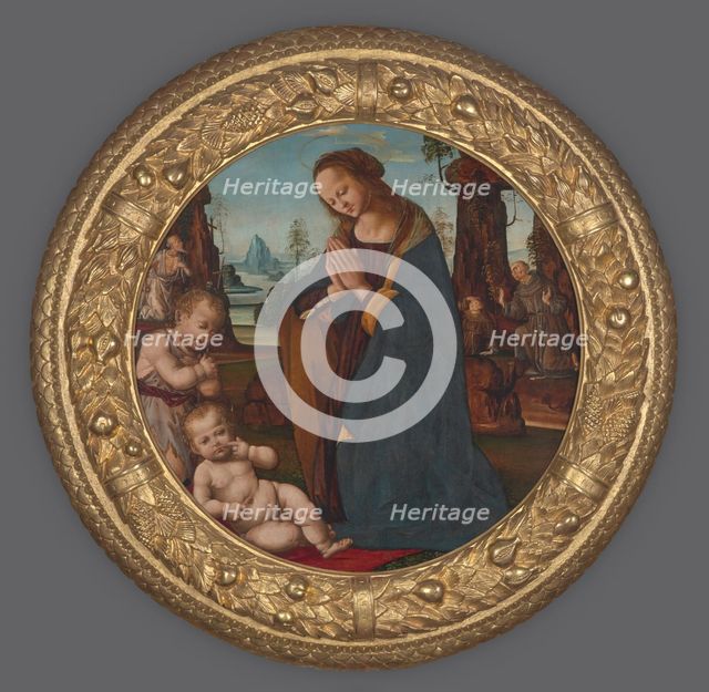 Adoration of the Child with Young St John the Baptist-Tondo, Early 16th century. Creator: Follower of Lorenzo di Credi.